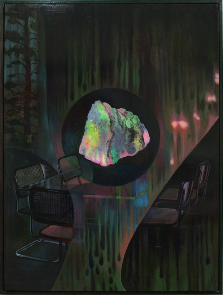 Painting of an iridescent stone floating above a table in the woods