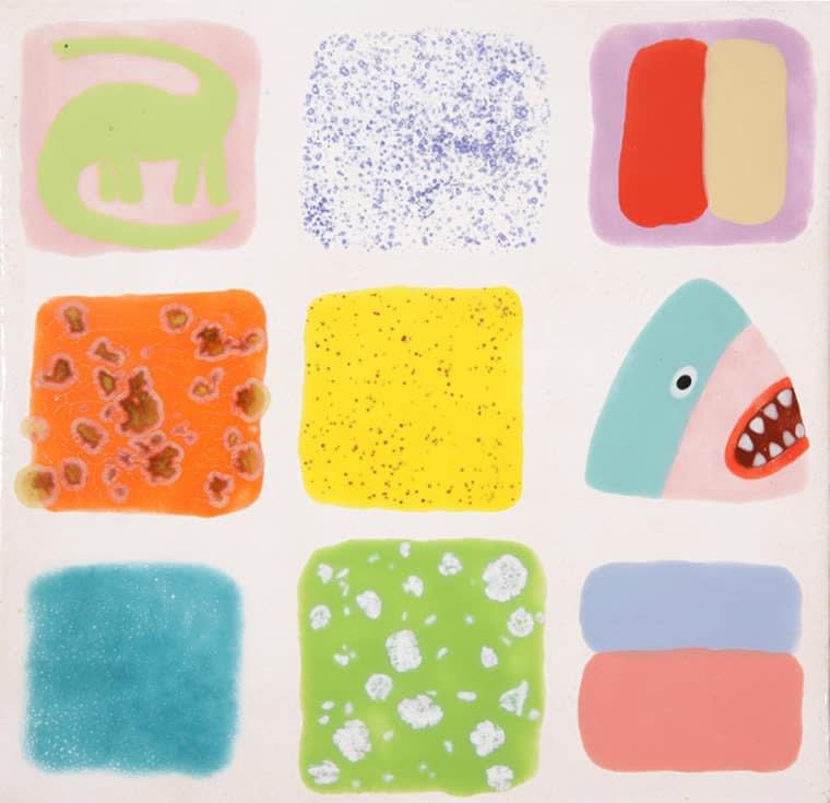 one of four ceramic tiles with nine squares, each containing either a pattern, an animal, or organic shape by Lorien Stern