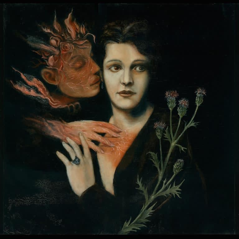 Paul Romano painting of woman with red figure behind her