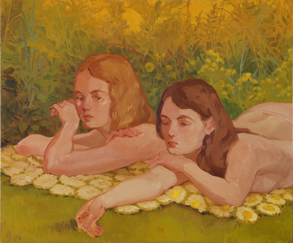 Rachel Gregor painting of girls laying amongst weeds