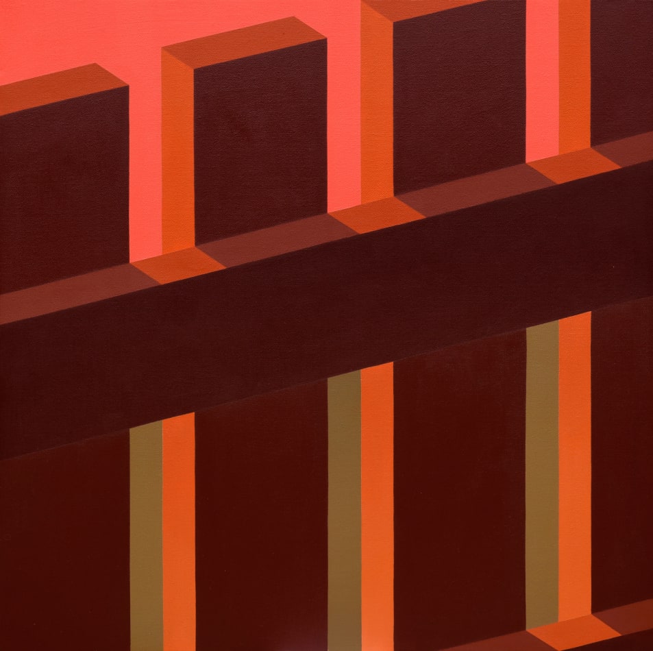 Adrian Wong painting of red and orange fence posts
