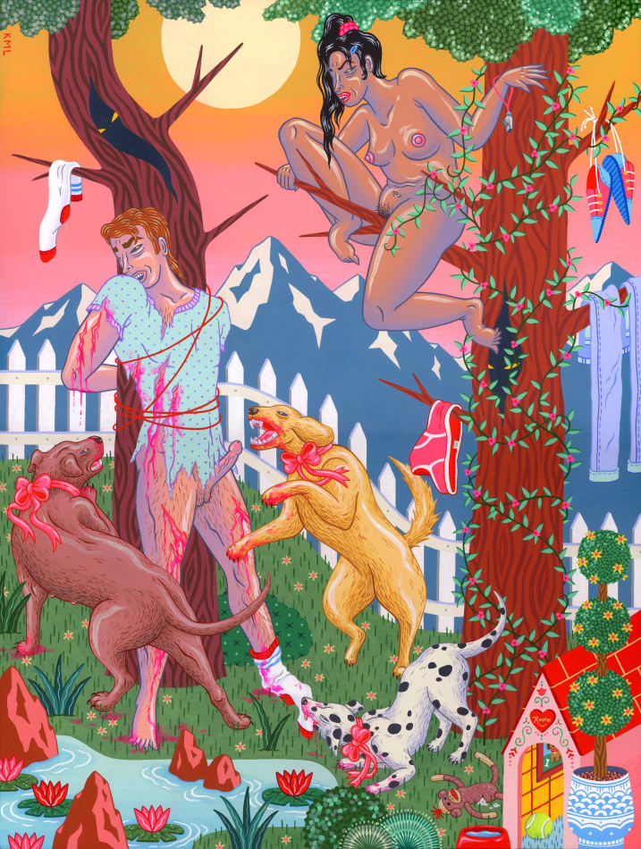 Kristen Liu-Wong - Painting of a naked woman in a tree looking at a man tied to another tree getting bitten and eaten by three dogs.