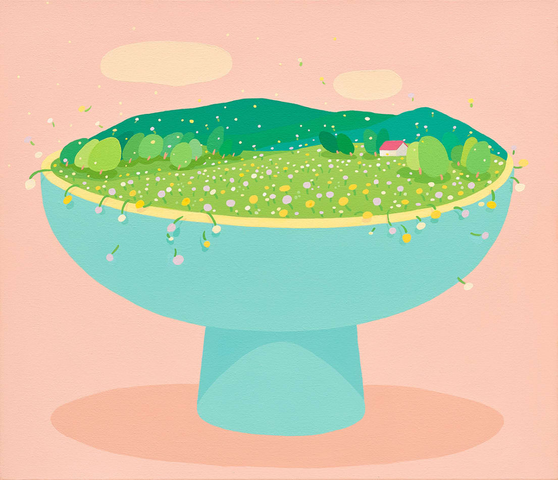Danym Kwon - painting of a teal bowl contain a landscape and a with house with red roof. the background is painted pastel red.