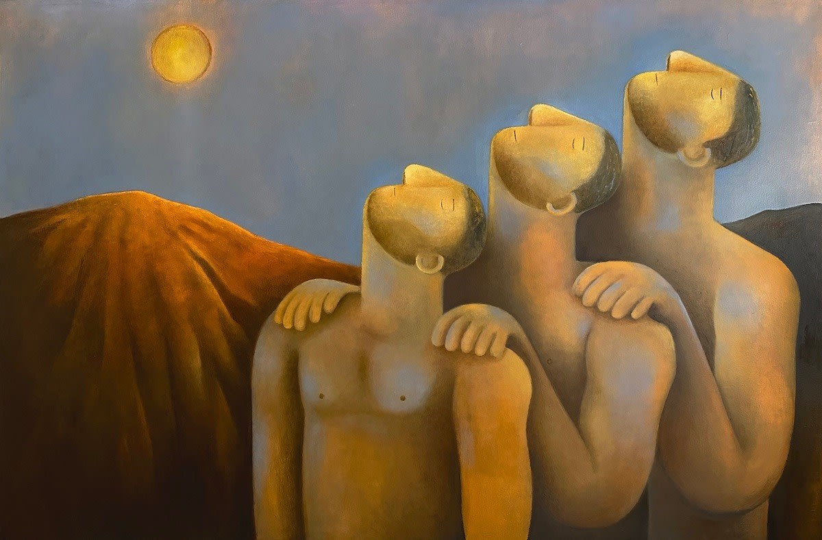 Carlos Rodriguez - Painting of three men in nudity and have their head tilted upwards. They stood in line with their hands on another's shoulder in front of the mountain and sun on the left side of the canvas.