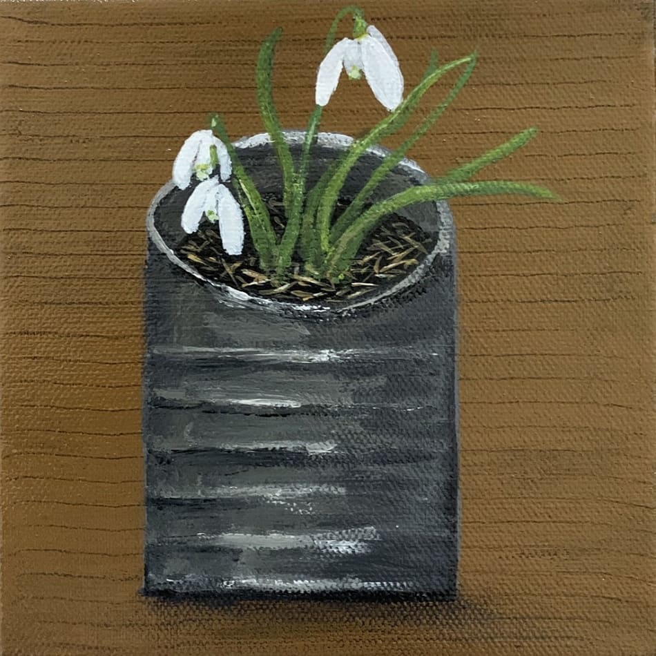 Gabe Langholtz, Little Snowdrops, 2020 (acrylic painting on canvas of little snowdrops in can)