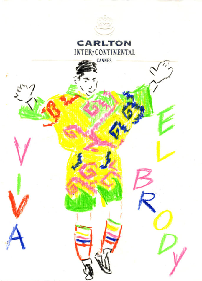 drawing by Michael McGregor or person in colorful outfit with text 