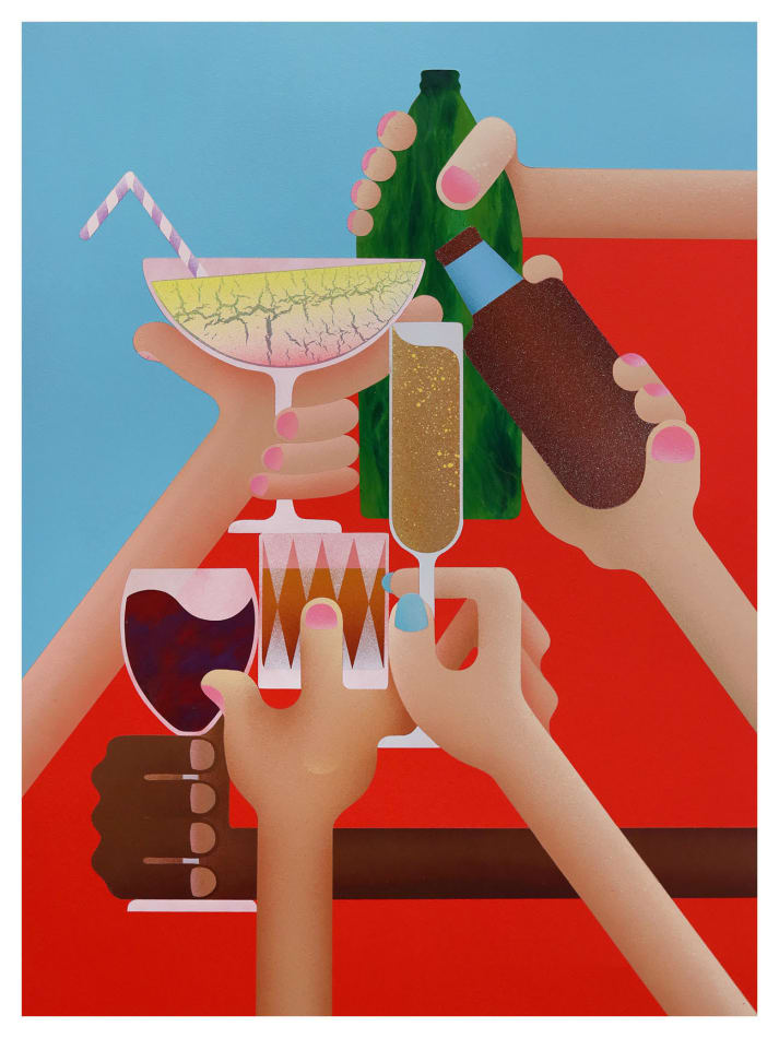 painting of hands toasting with drinks