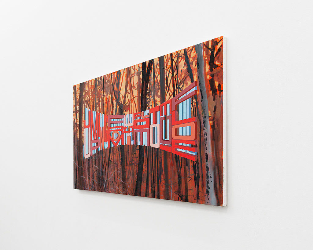 Painting with bare trees in the background on a yellow red sky in the foreground is the words Jumping From Ice Floe to Ice Floe in red and blue