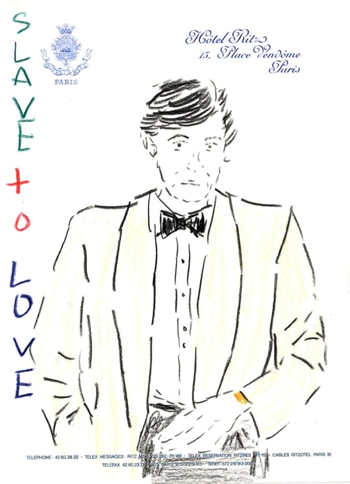 drawing by Michael McGregor of man dressed in suit with text on left saying 