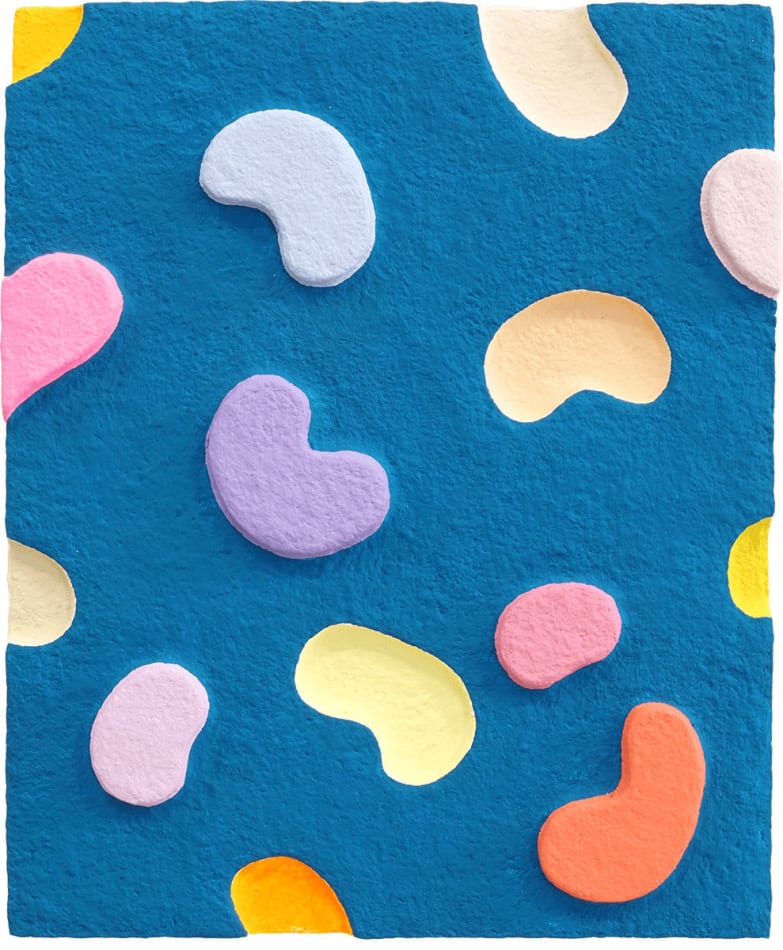 colorful bean shapes on a textured blue background