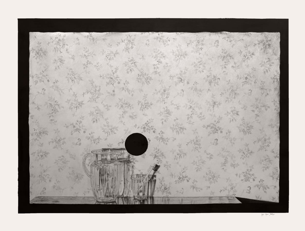 Joel Daniel Phillips graphite drawing pitcher on table, floral wallpaper, central black void