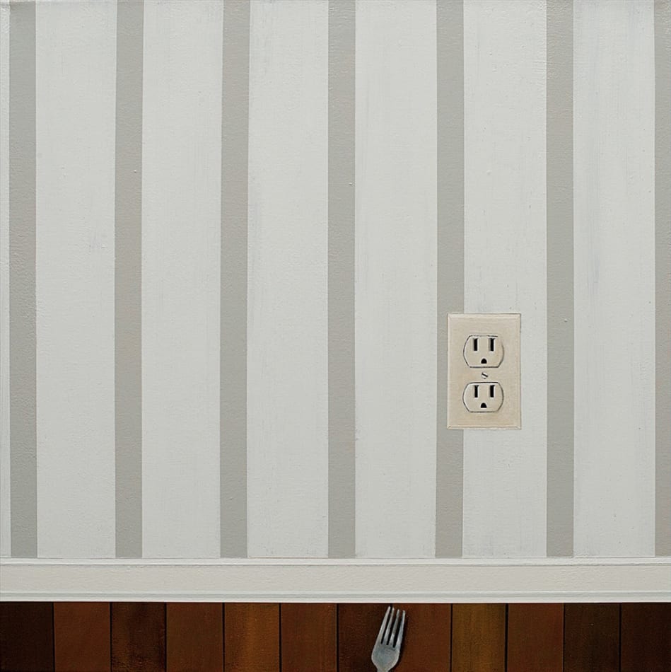 Gabe Langholtz painting of striped white wall with electrical outlet and fork on floor