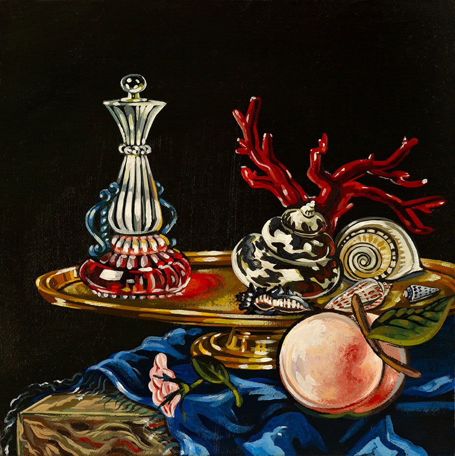 Still life painting of a love potion on a gold tray set against a dark background by Sabrina Bockler