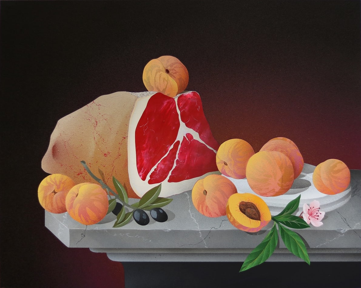 Casey Gray - Spray Painting of stone table of peaches, olives, and prosciutto in front of black background.