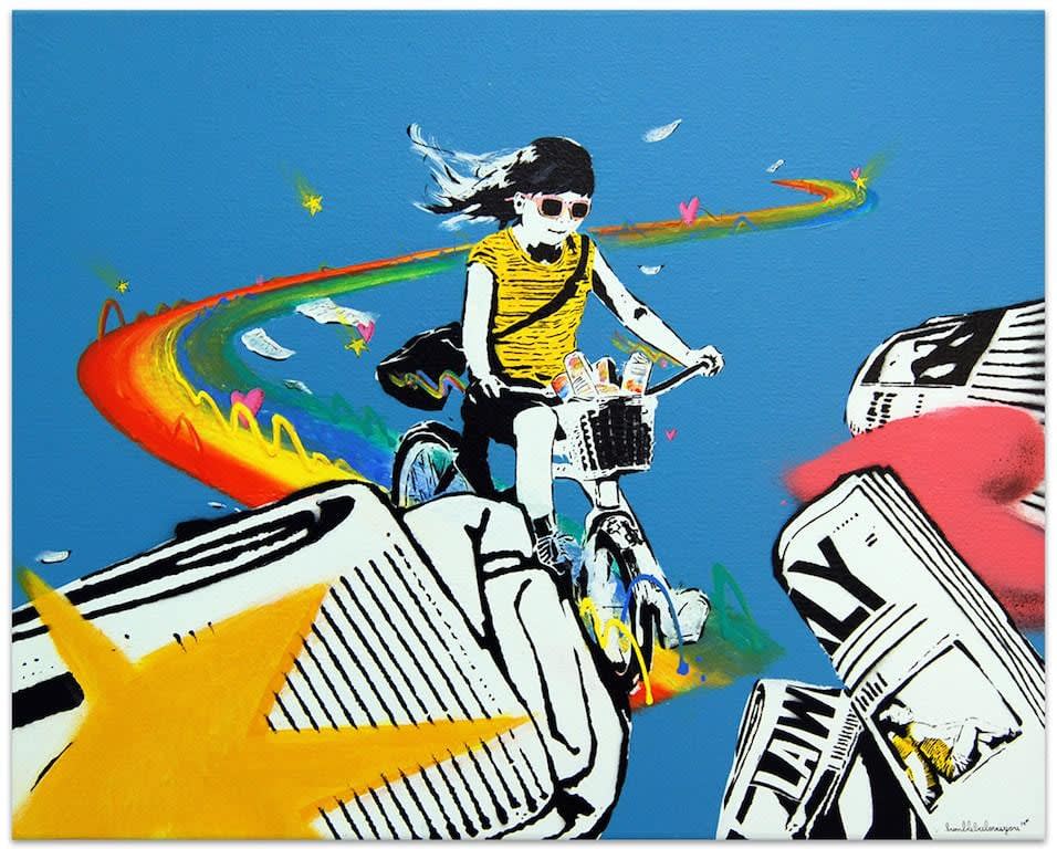bumblebeelovesyou painting of girl on bicycle with rainbow and newspapers