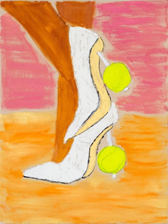 painting of a woman's feet in white heels with tennis balls stuck on the heel