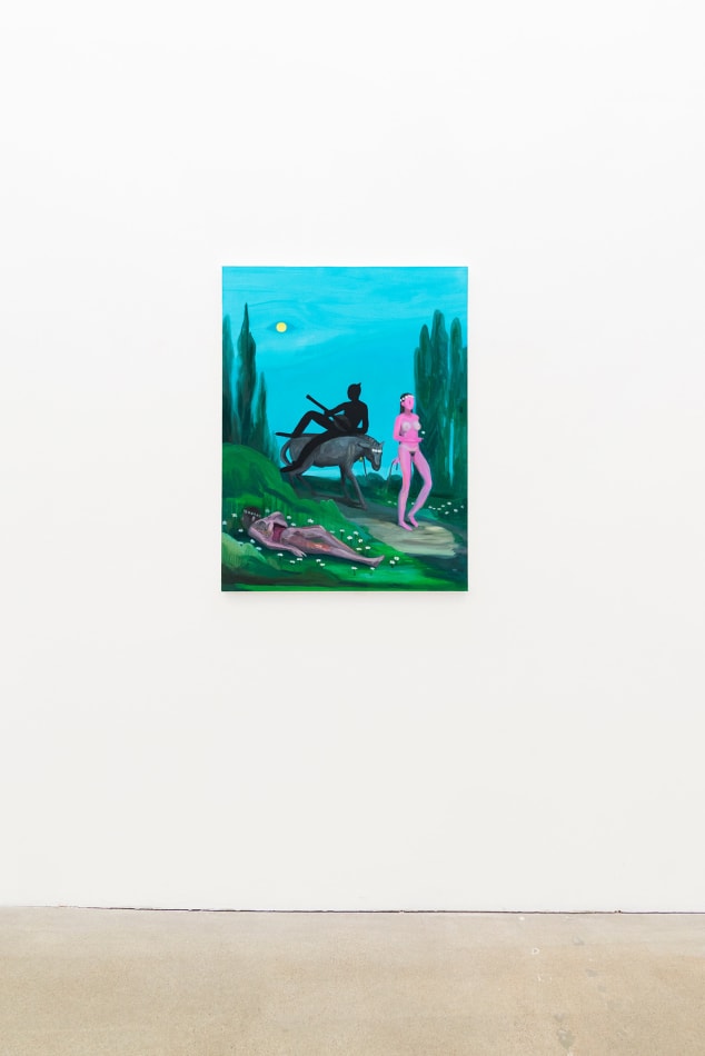 Corey K. Lamb - female figure leads horse with shadowed figure riding past body in grass