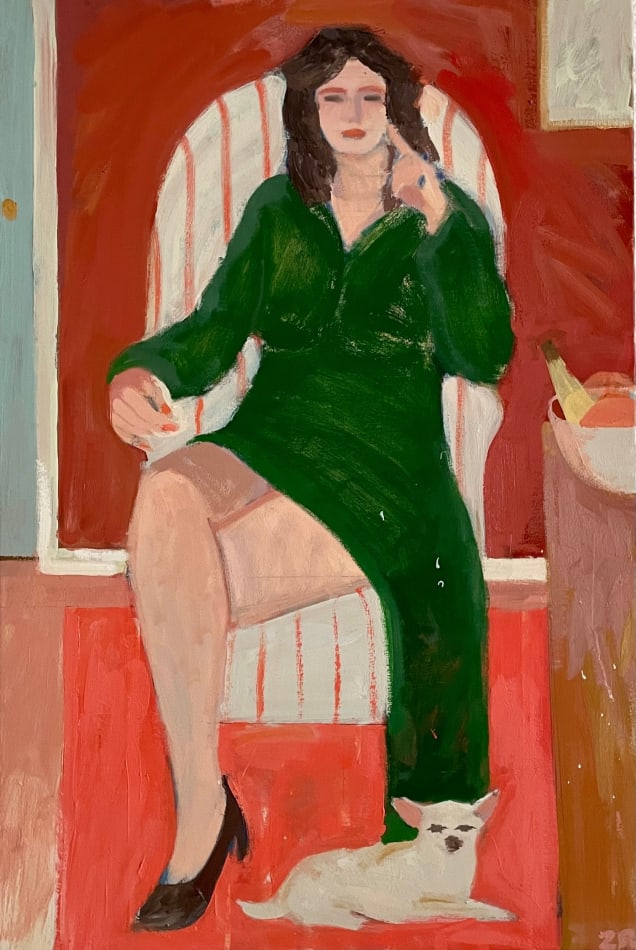Painting of a woman in a green dress sitting a red and white stripped armchair with a white chihuahua sitting at her feet