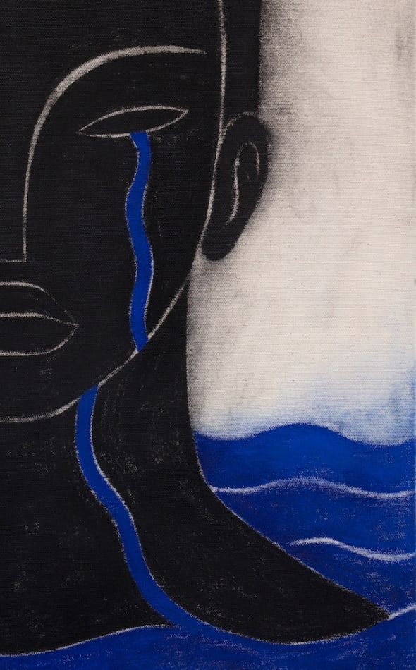 Hilda Palafox diptych of face of black hair and black faced woman crying blue tears into blue body of water - image is detail of face