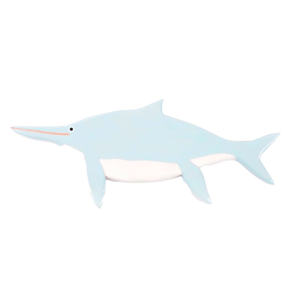 ceramic wall hanging of a prehistoric creature resembling a dolphin with a long nose