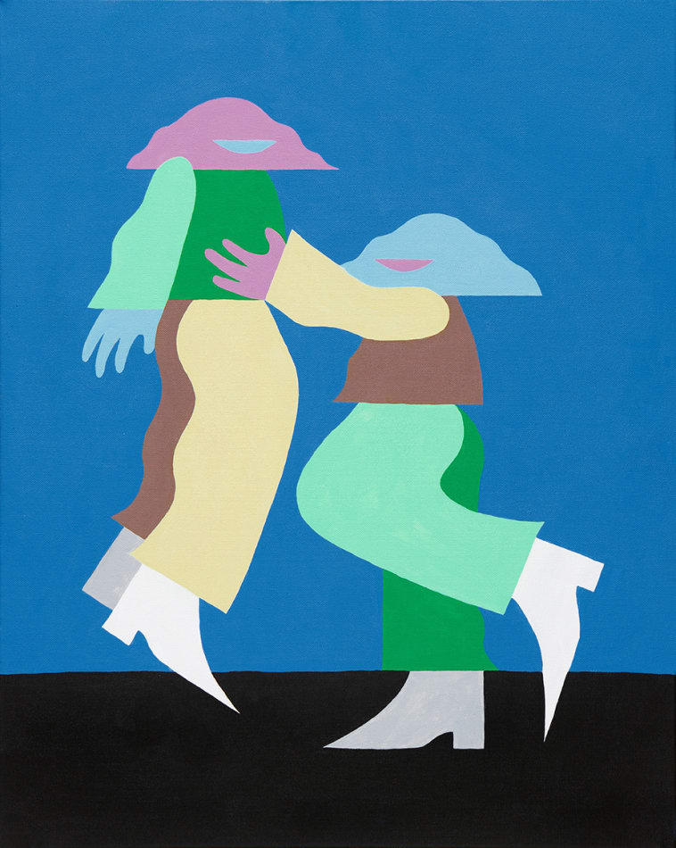 A painting of two figures standing, facing each other with their sides to us. One figure on the right lifts up the other, a blue skye behind them, their feet in white and grey boots planted on the ground