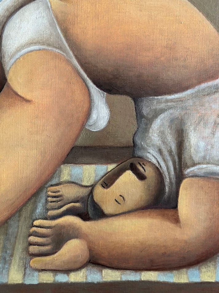 painting of a male figure curled over himself with a tree coming in from the window detail