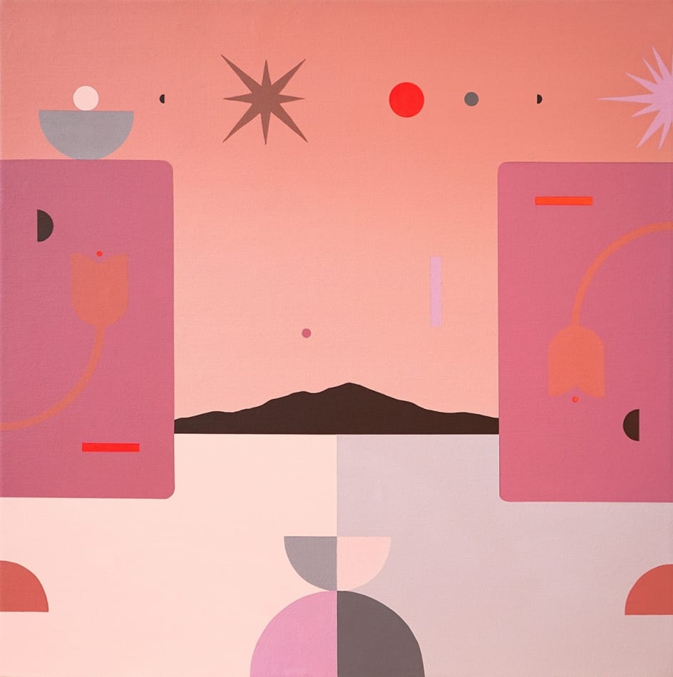 painting of an abstracted landscape made out of flat shapes in different shades of pink