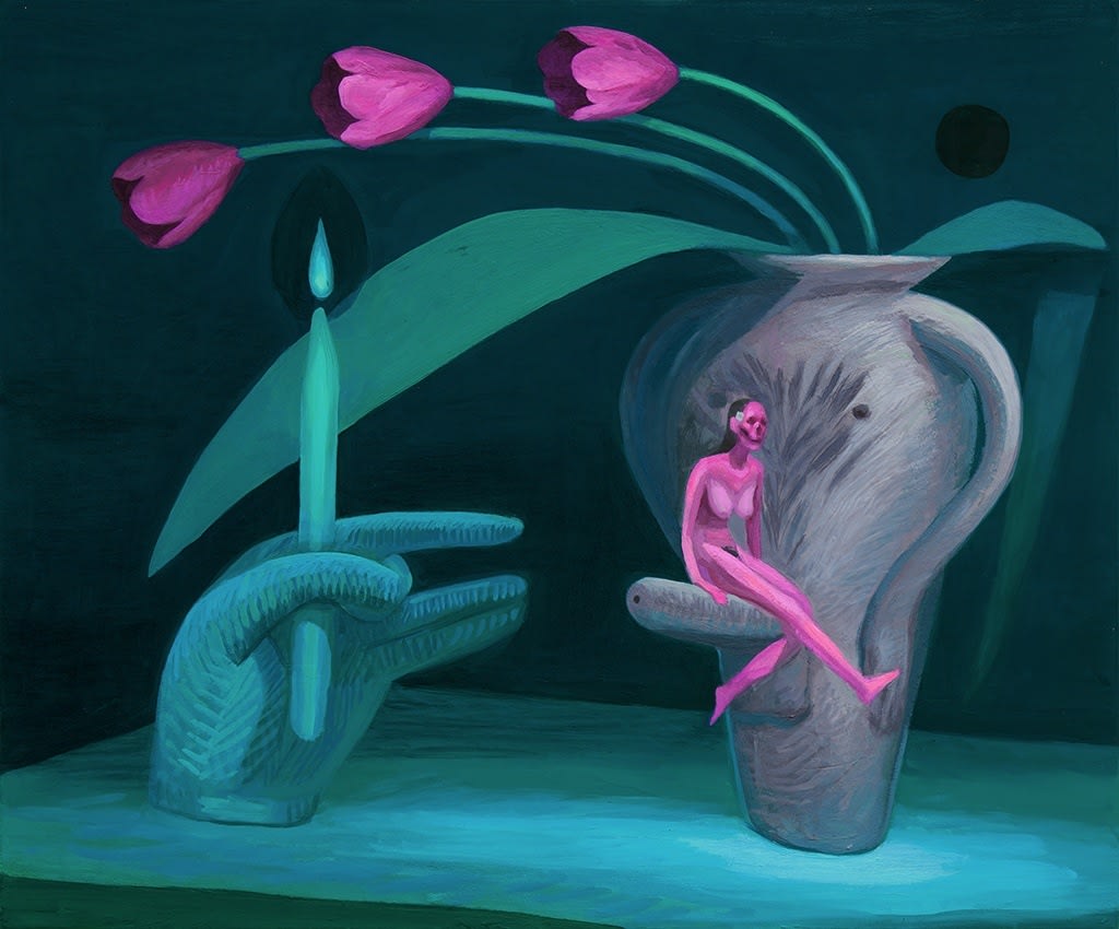 Corey K. Lamb - painting of a vase and a candle holder on the table. the candle holder shape like a hand holding the candle like a cigarette; the vase holds some pink flowers, a women in miniature size sits on the extend stick from the waist of the vase.