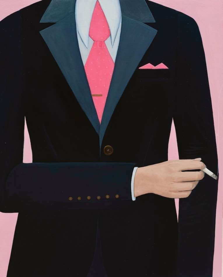 painting by Angela Burson depicting a man in a black suit and pink tie against a pink background smoking a cigarette