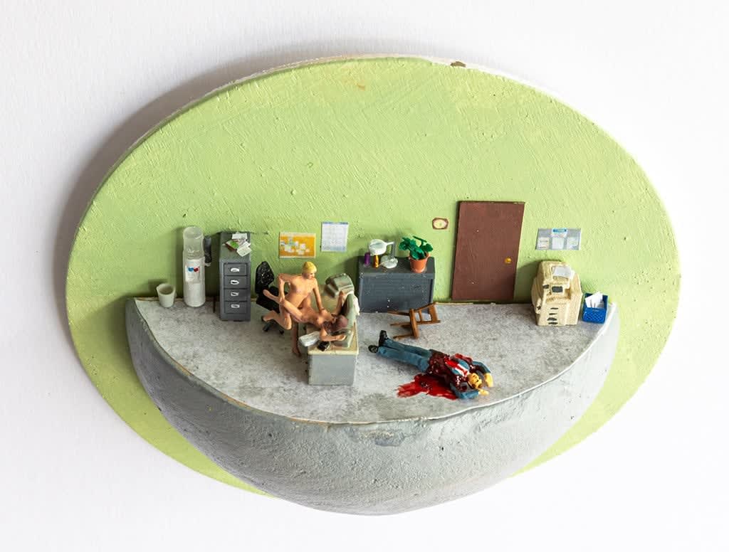 miniature diorama by Abigail Goldman of two people having sex in an office next to someone bleeding out