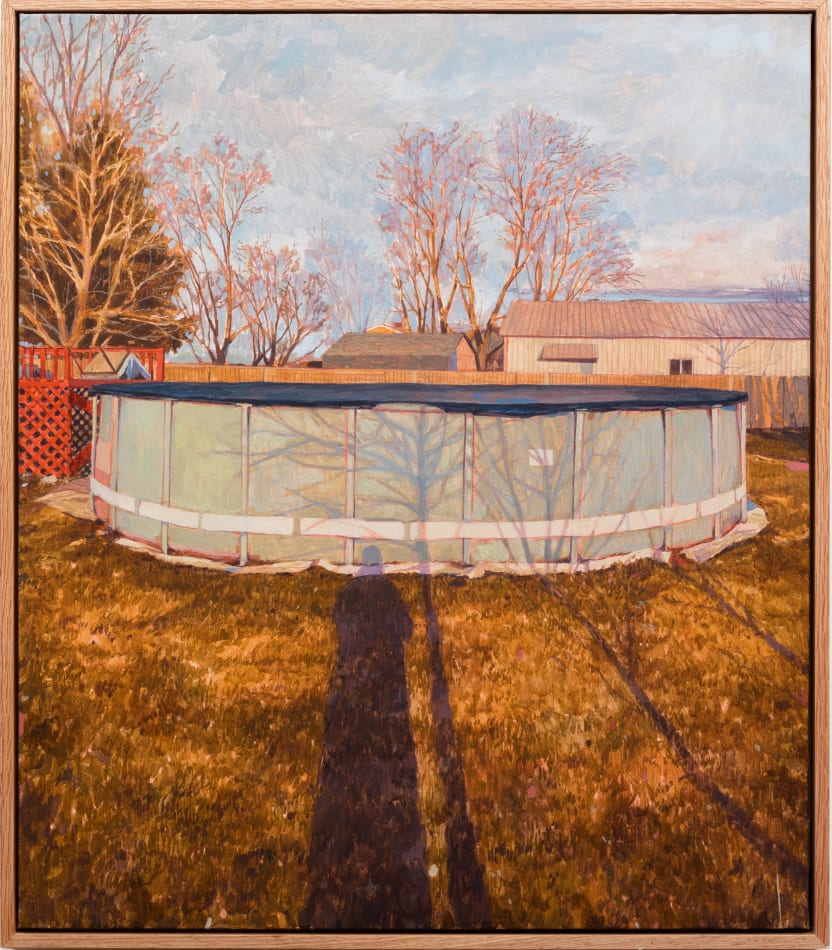 Painting of an above ground pool on browning grass. You can see the shadow of the person taking the image reflected on the grass and on the side of the pool. In the background is a few bare trees and house