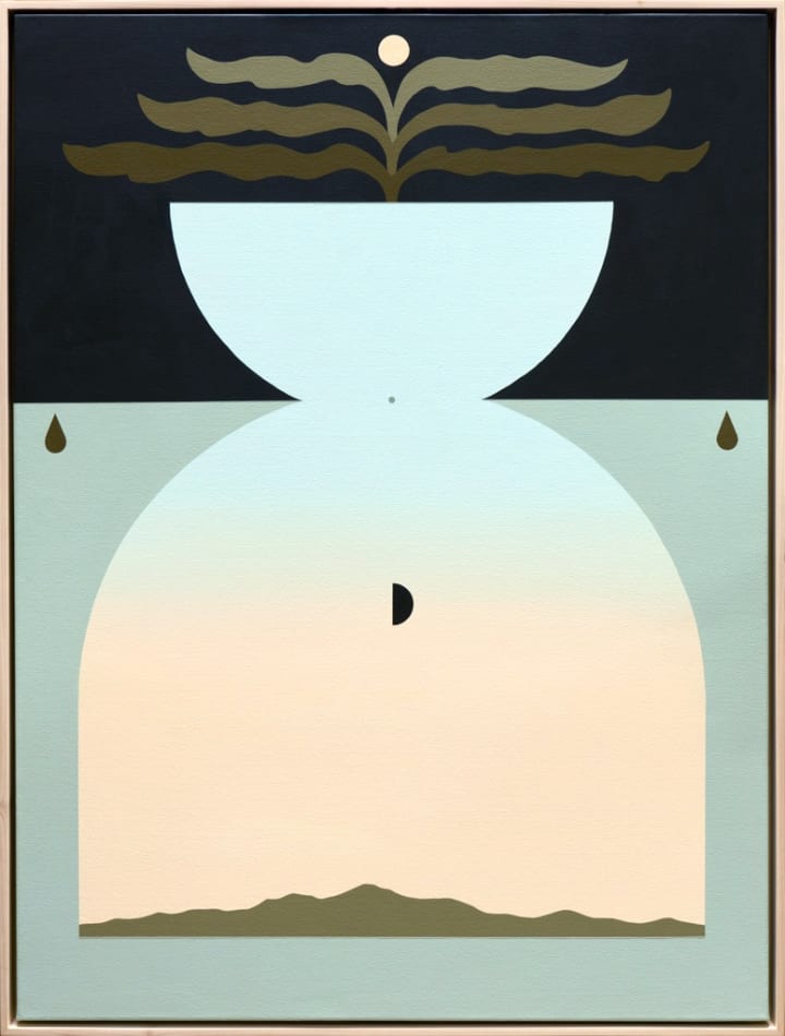 painting by Madeleine Tonzi of a landscape in neutral greens, blues, and oranges with an hourglass shape in the middle and plant stemming out of it