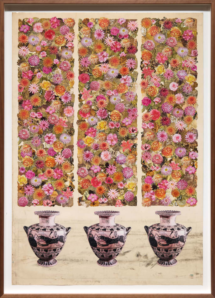 Collage of three columns of densely filled with cutout flowers with three identical vases