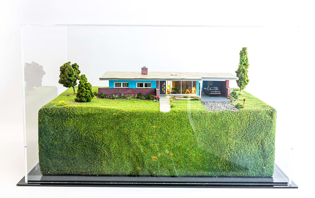 full view of artwork with glass case