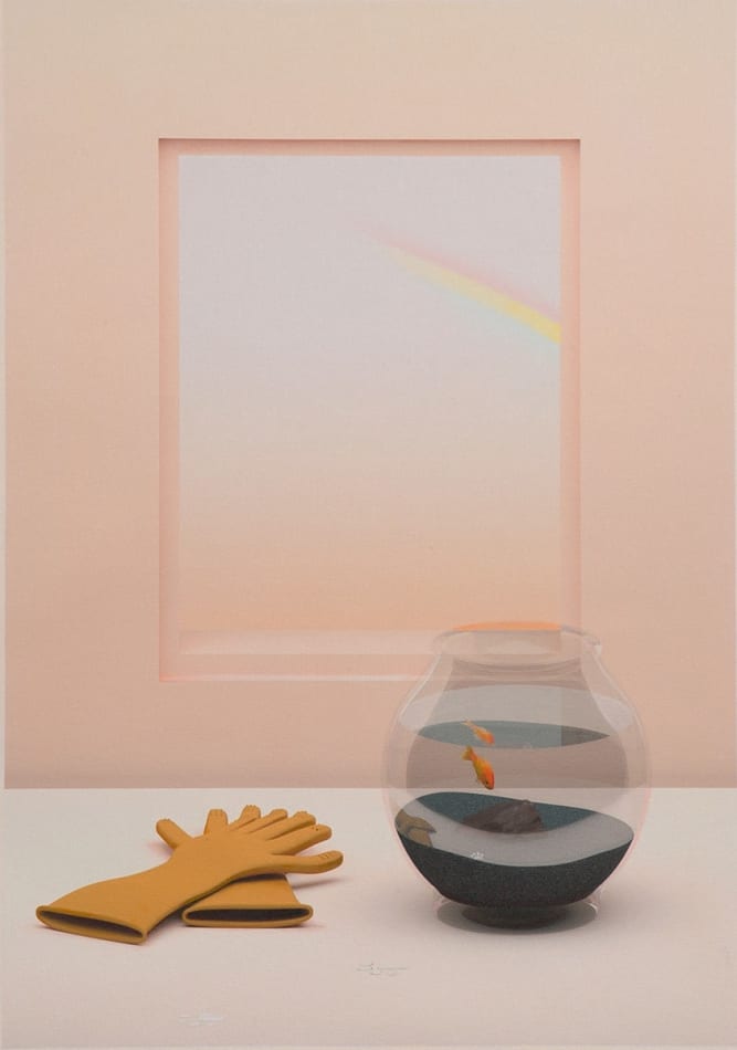 fishbowl with a single goldfish and a pair of gloves sitting on a surface in a pale pink room