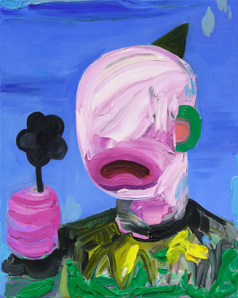 Corey K. Lamb - Painting of a figure with blurred but sad face holding a black flower