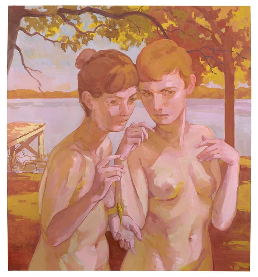 Painting of two naked women standing in front of a body of water with a small dock and several low hanging trees.