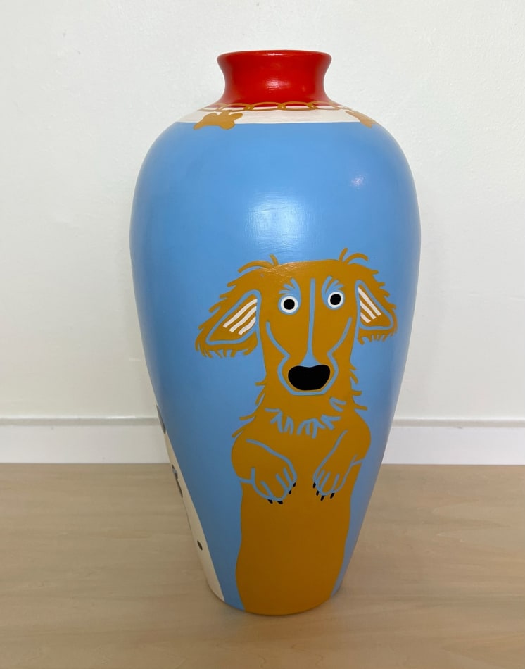 Jillian Evelyn - Sculpture of repurpose vase painted with dogs, blue background, red top