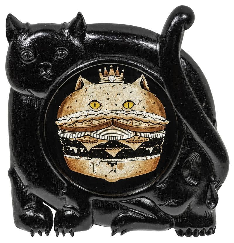 Painting of a cheeseburger inside of a cat frame by Jeremy Fish