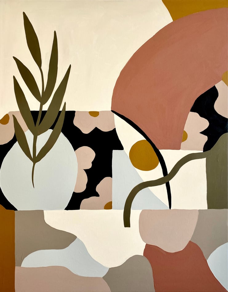 Madi painting of abstracted and cubist figures and vessels in jewel / earth tones