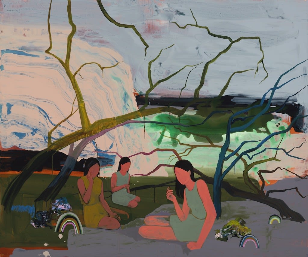 Painting of three seated women wearing green dresses sitting under a tree