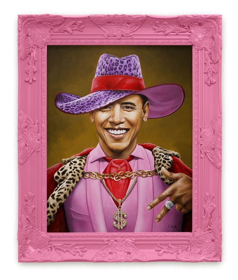 Scott Scheidly portrait of Barack Obama as pimp in pink frame