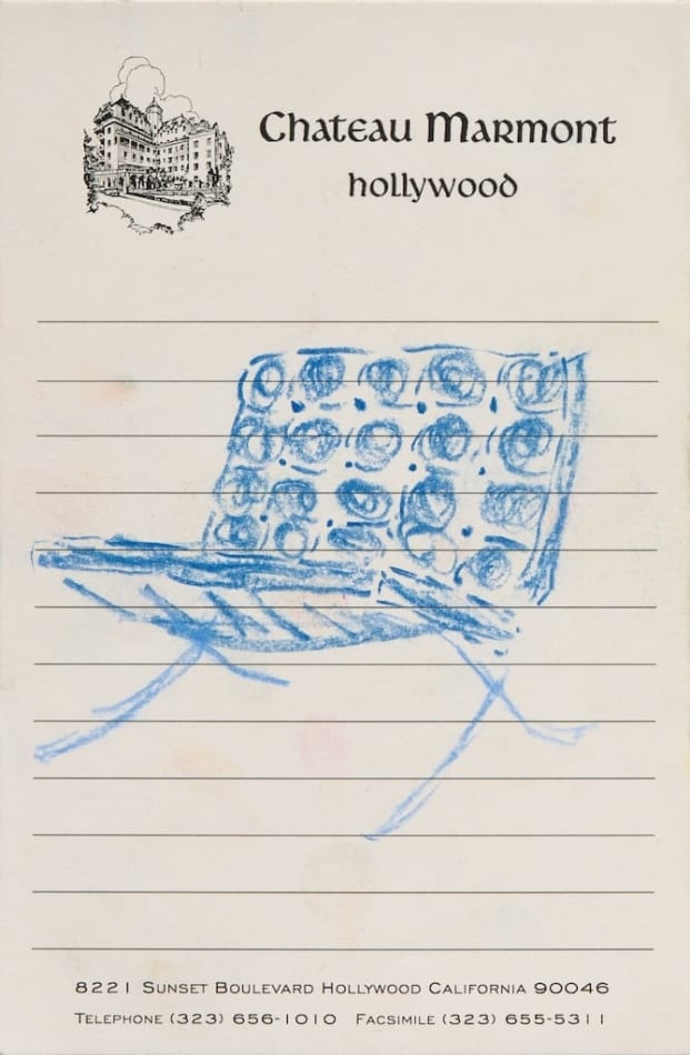 sketch of a blue chair on hotel notepad paper