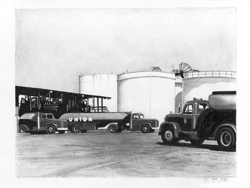 Joel Daniel Phillips, Union Oil Trucks Parked At A Refinery, 2018