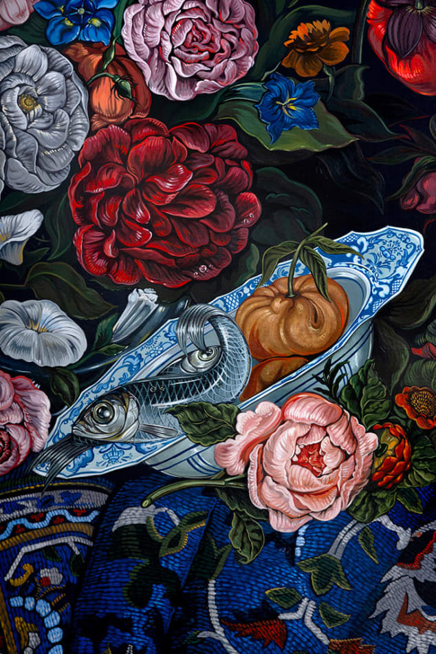 Detail photo of the floral bouquet and porcelain bowl with a fish in it by Sabrina Bockler