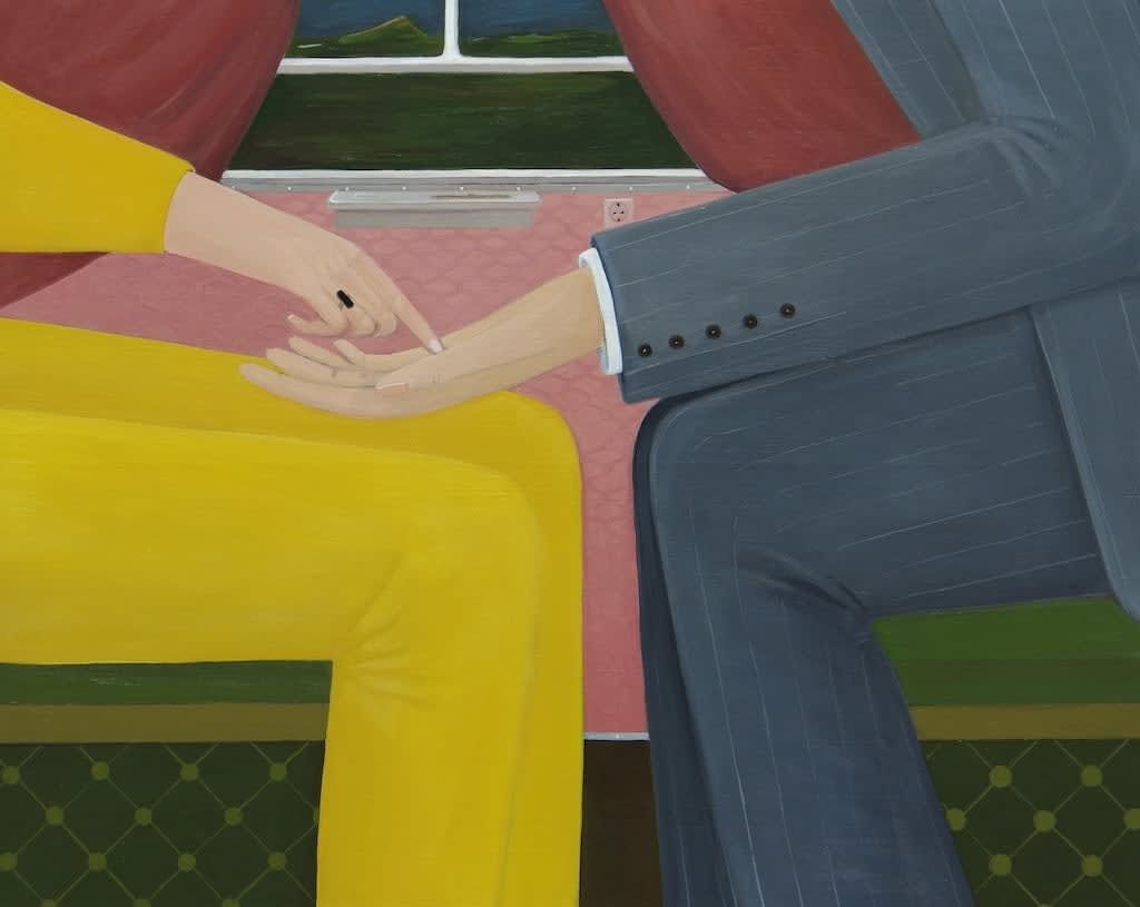 painting of two people sitting facing one another with their knees nearly touching, one with their hand outstretched and the other person pointing at their palm by Angela Burson