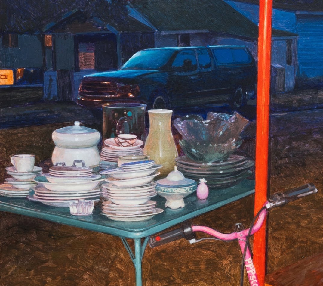 Painting of an iPhone photo with a flash of a folding table with a stack of white dishware including coffee cups, plates and bowls as well as a few vases and large bowl. There is a pink scoots leaning on a chair. In the background is a black SUV and a house with light coming from the window