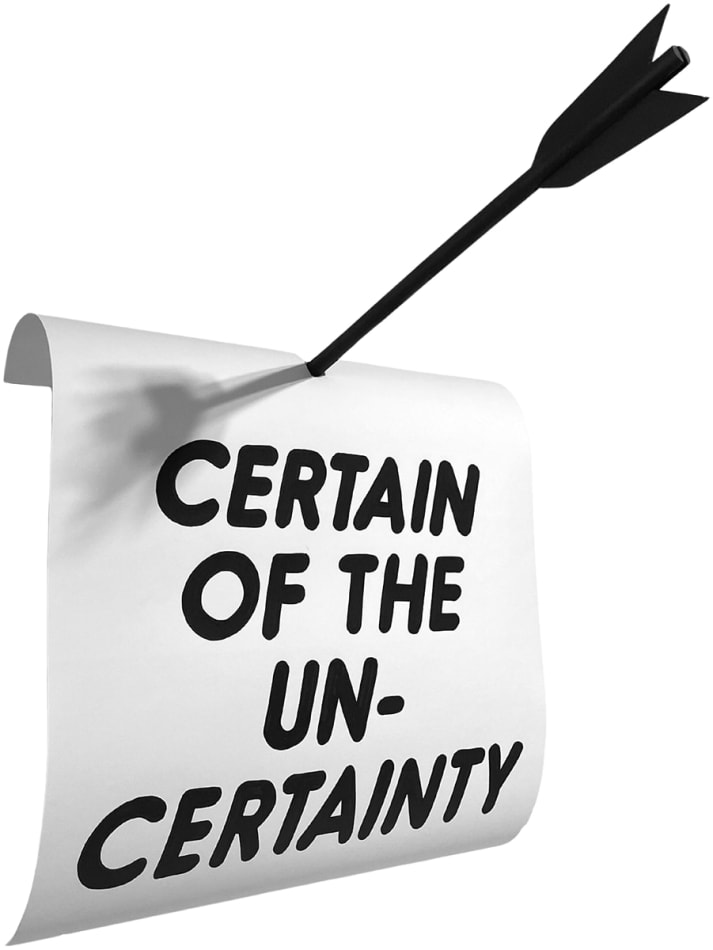 white scroll with all uppercase black text and an arrow going through the paper at the top