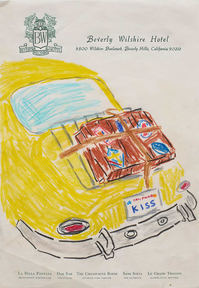 Drawing of a yellow Volkswagen bug with a brown suitcase attached to the back and a license plate with the word KISS on hotel stationery