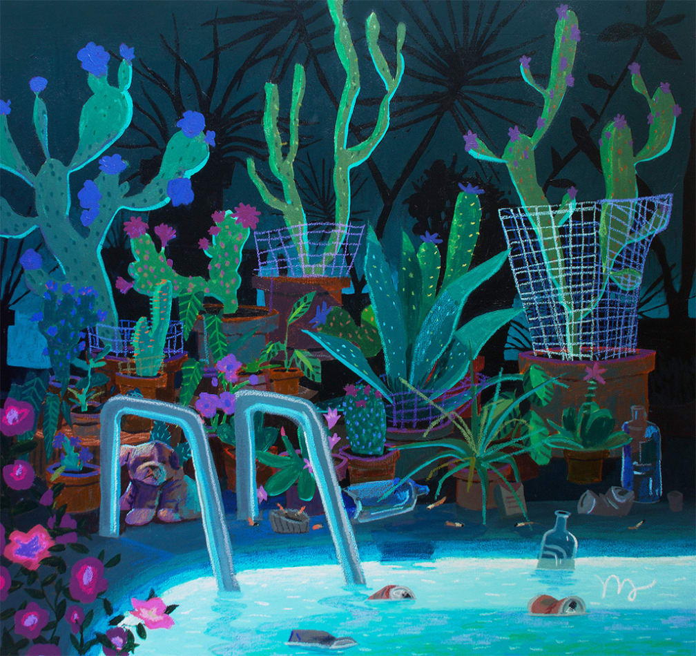 painting of a jacuzzi surrounded by various cacti and other plants with empty beer cans floating in the water by Nicholas Bono Kennedy